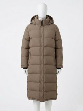 TNA The Super Puff - cliMATTE Long Hooded Puffer Coat in Taupe Aritzia Medium